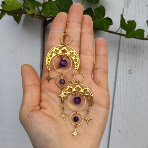 Astral Crescent Moon Celestial Chandelier Earrings with Amethyst Gemstones